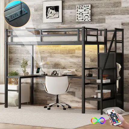 Twin XL Metal Loft Bed With L-shaped Desk, USB, Wardrobe, Adjustable Shelf, LED, Black