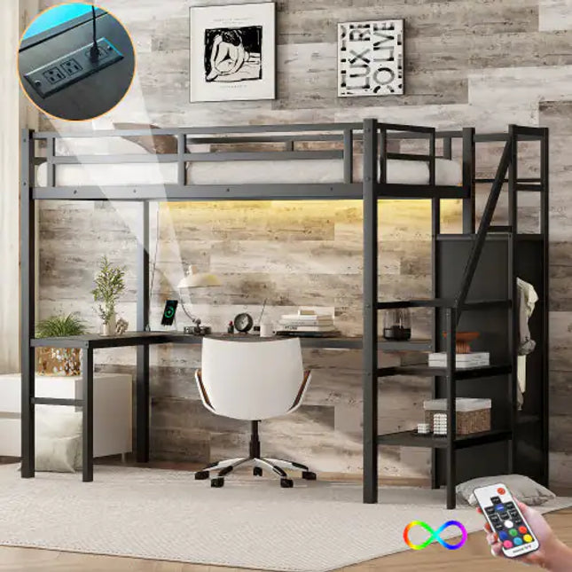 Twin XL Metal Loft Bed With L-shaped Desk, USB, Wardrobe, Adjustable Shelf, LED, Black