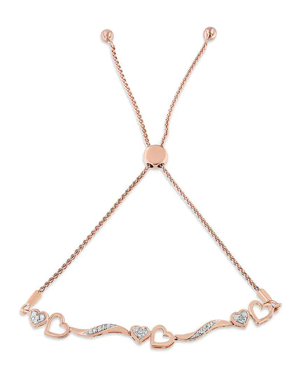 .925 Sterling Silver 1/10 Cttw Diamond Wave and Hearts 4”-10” Adjustable Bolo Bracelet (I-J Color, I3 Clarity)