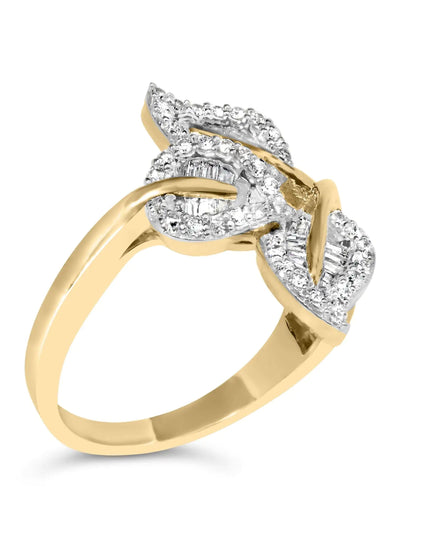 18K Yellow Gold Plated .925 Sterling Silver 1/2 Cttw Baguette and Round Diamond Bypass Triple Leaf Ring (I-J Color, I1-I2 Clarity)