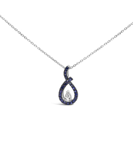 .925 Sterling Silver Created Blue and White Sapphire Teardrop Shaped Pendant Necklace - 18" Inches