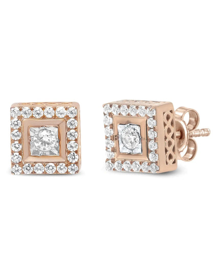 14K Rose Gold Plated .925 Sterling Silver 1/2 Cttw Diamond Halo Square-Shaped Frame Stud Earring (I-J Color, I3 Clarity)