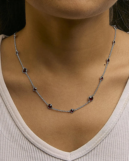 .925 Sterling Silver Checkerboard Cut Red Garnet Bezel Station Necklace - 22" Inches