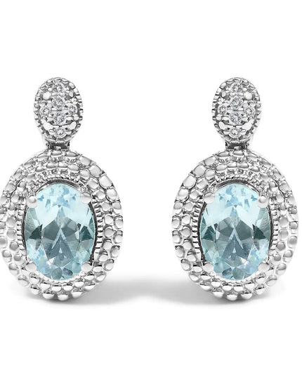 .925 Sterling Silver Diamond Accent and  Oval Blue Topaz with Beaded Halo Drop Stud Earrings (I-J color, I1-I2 Clarity)