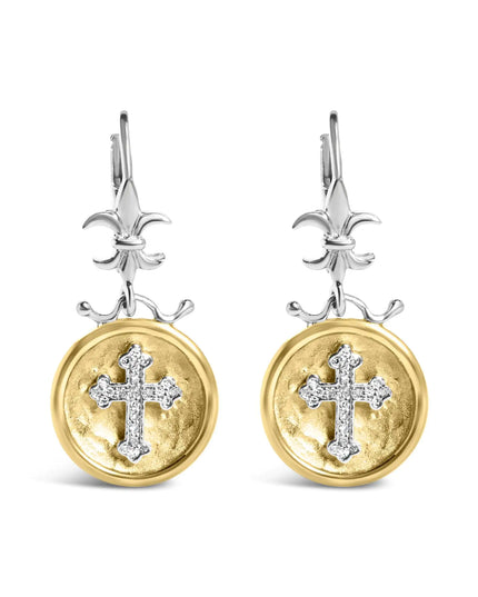 18K Yellow Gold Plated .925 Sterling Silver 1/8 Cttw Diamond Hammered Finished Medallion with Cross Drop and Dangle Earrings (I-J Color, SI1-SI2 Clarity)