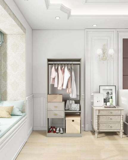 Wood Closet System With Drawers, Rods, Shelves Gray