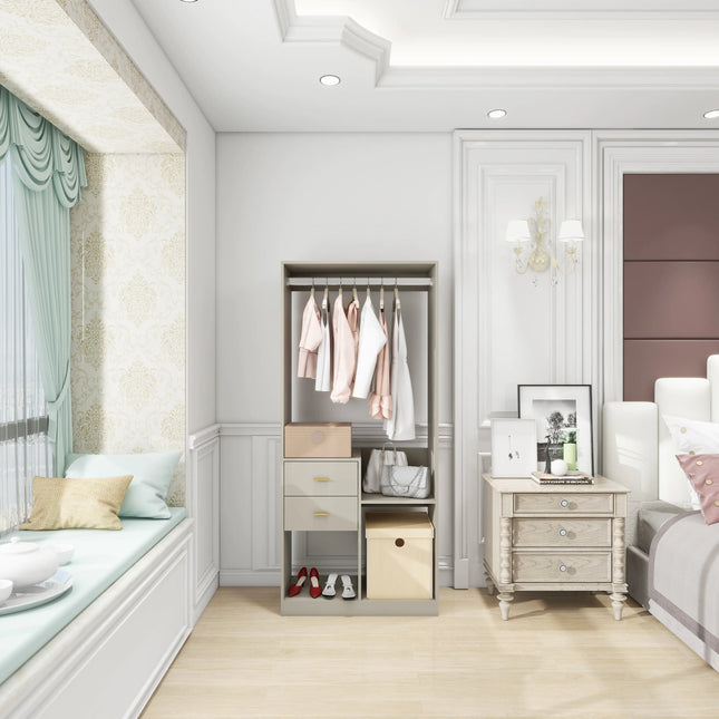 Wood Closet System With Drawers, Rods, Shelves Gray