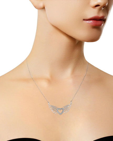 .925 Sterling Silver Pave-Set Diamond Accent Fairy Wing 18" Heart Pendant Necklace (I-J Color, I1-I2 Clarity)