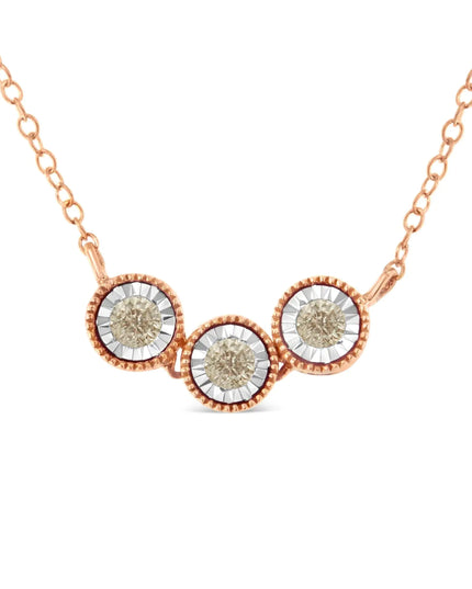 10K Rose and White Gold Plated .925 Sterling Silver 1/4 Cttw Miracle-Set Champagne Diamond Triple Circle 18" Necklace (I2-I3 Clarity)