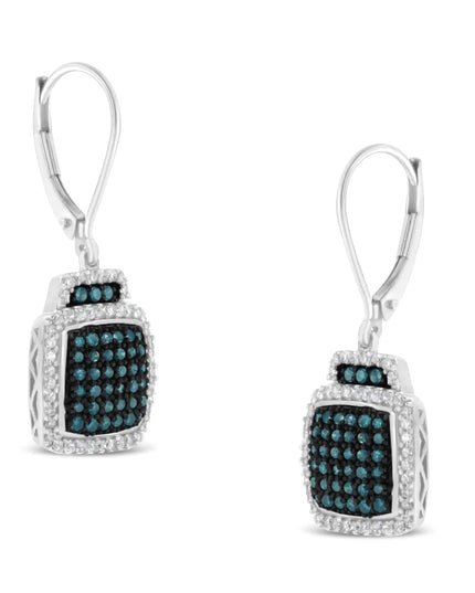 Black Rhodium over .925 Sterling Silver ¾ Cttw Blue and White Diamond Cushion Shaped Dangle Earrings (Enhanced Blue & I-J Color, I2-I3 Clarity)
