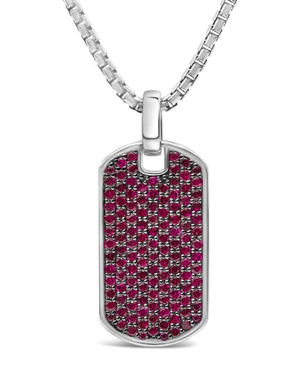 Men's .925 Sterling Silver Created Red Ruby Dog Tag Pendant Necklace - 22" Inches