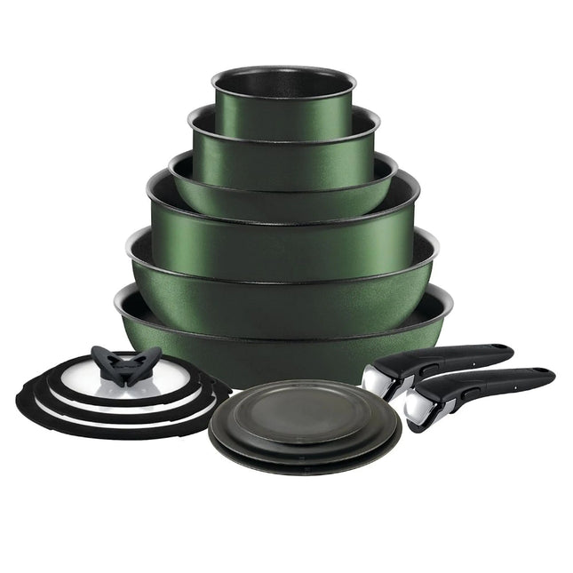 T-fal Ingenio Nonstick Cookware Set 14 Piece Induction Oven Broiler Safe 500F Cookware Pots and Pans RV Camping Oven Broil Dishwasher Safe Detachable Handle Forest Green