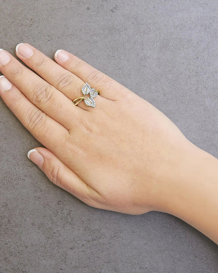 18K Yellow Gold Plated .925 Sterling Silver 1/2 Cttw Baguette and Round Diamond Bypass Triple Leaf Ring (I-J Color, I1-I2 Clarity)