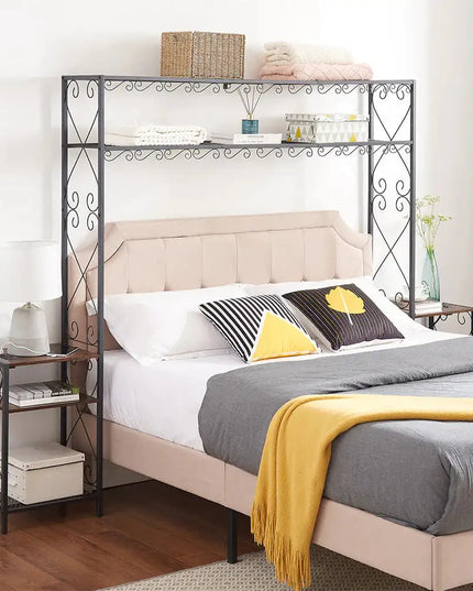Queen Size Metal Storage Headboard,with Charging Stations,2 Nightstands And Storage Shelves,for Bedroom