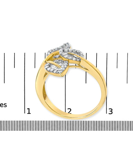 18K Yellow Gold Plated .925 Sterling Silver 1/2 Cttw Baguette and Round Diamond Bypass Triple Leaf Ring (I-J Color, I1-I2 Clarity)