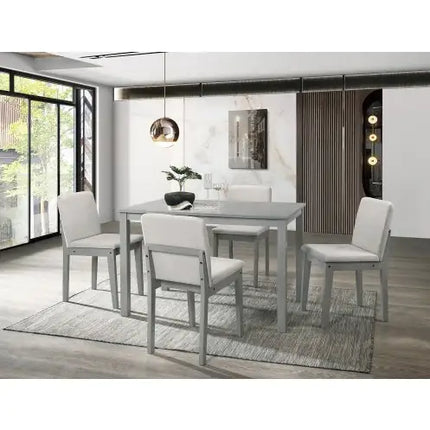 Dining Set: Grey 5pc Table 4 Chairs Beige Fabric Rubberwood Veneer