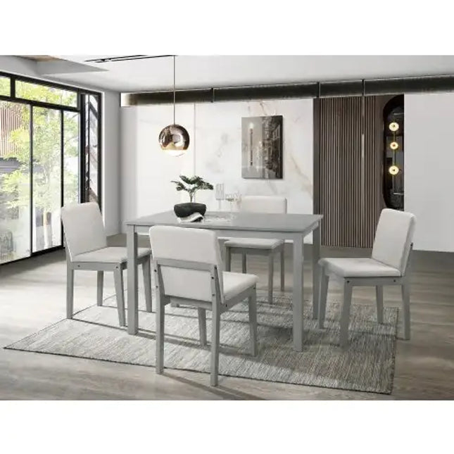 Dining Set: Grey 5pc Table 4 Chairs Beige Fabric Rubberwood Veneer
