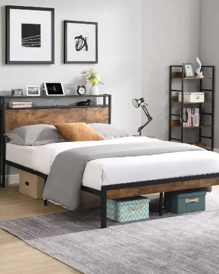 Metal Platform Bed Frame, Full Size, Wooden Headboard & Footboard, USB Ports, No Box
