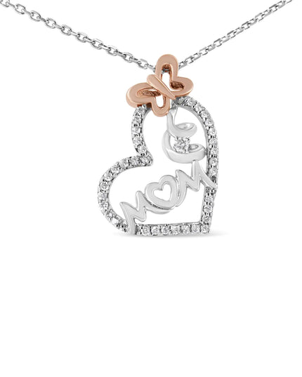 Two Tone .925 Sterling Silver 1/5 cttw Diamond "Mom" and Heart Pendant Necklace (H-I, I1-I2)
