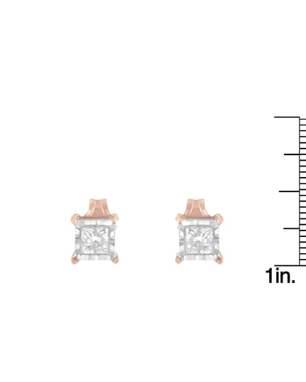 14K Rose Gold Plated Two-Tone .925 Sterling Silver 1/2 Cttw Princess-Cut Square Near Colorless Diamond Solitaire Miracle-Plate Stud Earrings (J-K Color, I2-I3 Clarity)