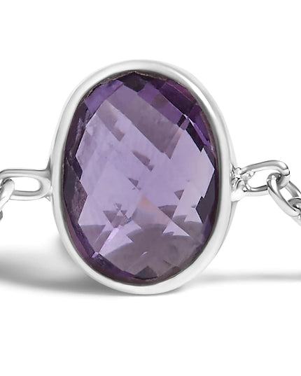 .925 Sterling Silver Bezel Set Purple Amethyst 5 Station Adjustable Bolo Bracelet