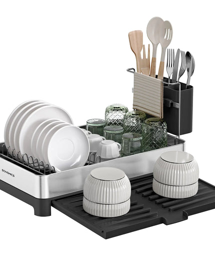 Expandable Small Dish Drying Rack with Utensil Holder – Stainless Steel, Rustproof, Silver & Black (Model UKCS035B01)