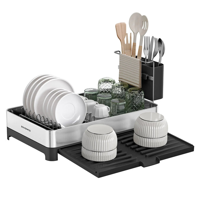 Expandable Small Dish Drying Rack with Utensil Holder – Stainless Steel, Rustproof, Silver & Black (Model UKCS035B01)