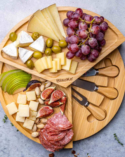 Bamboo Cheese Board Set - 14 Inch Swivel Charcuterie Board With Drawer - Round Serving Tray