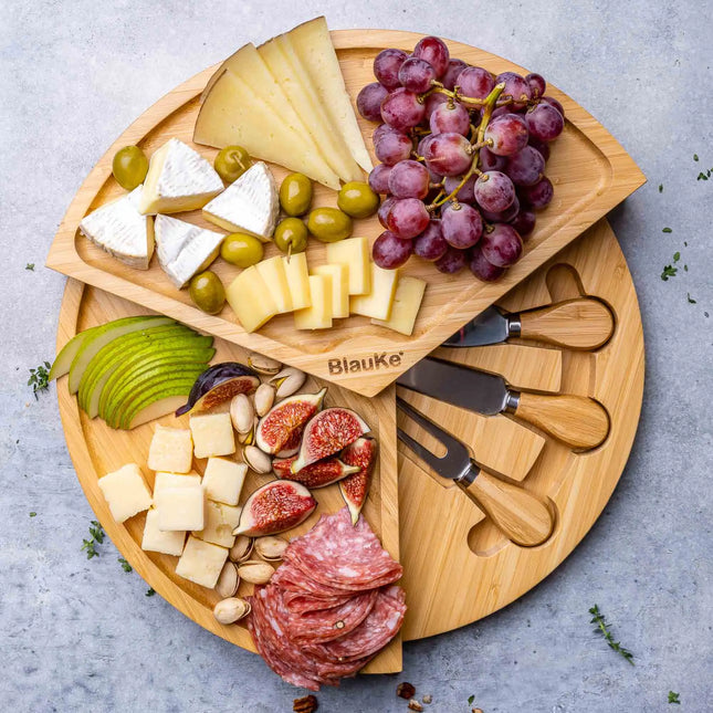 Bamboo Cheese Board Set - 14 Inch Swivel Charcuterie Board With Drawer - Round Serving Tray