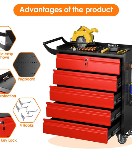 Metal Rolling Tool Box 5 Drawers Lockable Wheels Garage Warehouse Assembly Required Black Red