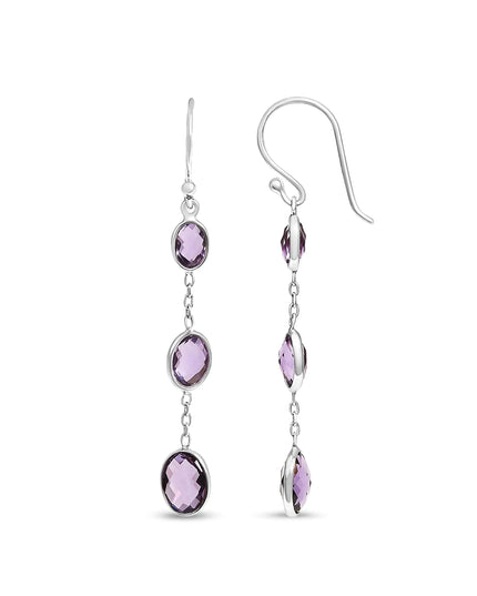 .925 Sterling Silver Checkerboard Cut Oval Purple Amethyst 2" Inch Drop and Dangle Earrings