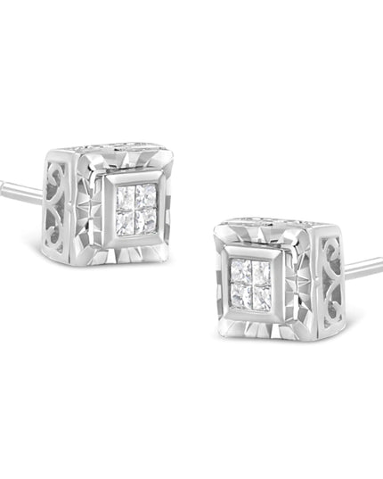 .925 Sterling Silver 1/6 Cttw Invisible Set Princess-Cut Diamond Quad Composite Stud Earrings (H-I Color, I1-I2 Clarity)