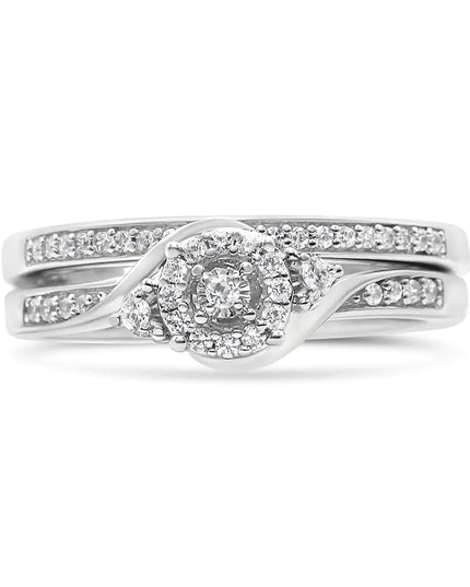 .925 Sterling Silver 1/4 Cttw Diamond Halo and Swirl Engagement Ring and Wedding Band Set (I-J Color, I3 Clarity)