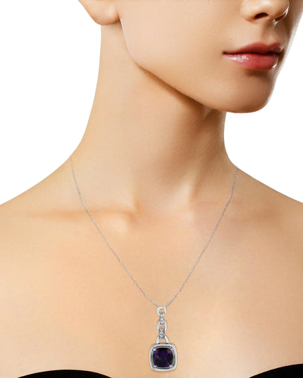 .925 Sterling Silver 6x6MM Cushion Shaped Natural Purple Amethyst and Diamond Accented Bale 18" Inch Pendant Necklace (I-J Color, I1-I2 Clarity)