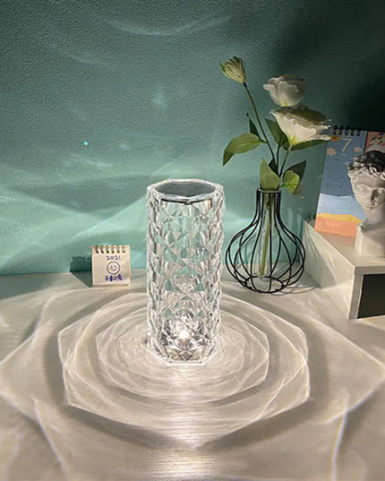 Nordic USB Crystal Table Lamp with Touch Dimming – Rose Diamond Night Light & Atmosphere Projector