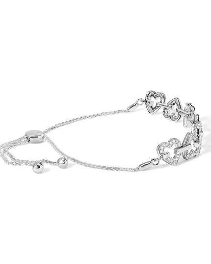 .925 Sterling Silver 1/2 Cttw Diamond Alternating Heart Link Adjustable Bolo Bracelet (I-J Color, I3 Clarity) - 4" to 10" Inches