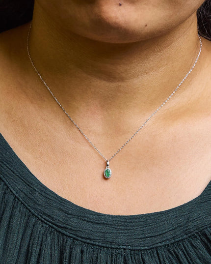 10K White Gold 5x3mm Gemstone and Diamond Accent Halo Oval Shape 18" Pendant Necklace (I-J Color, I1-I2 Clarity)