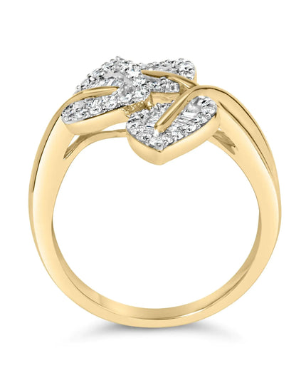 18K Yellow and White Gold Plated .925 Sterling Silver 3/8 Cttw Baguette and Round Diamond Bypass Triple Leaf Ring (I-J Color, I1-I2 Clarity)