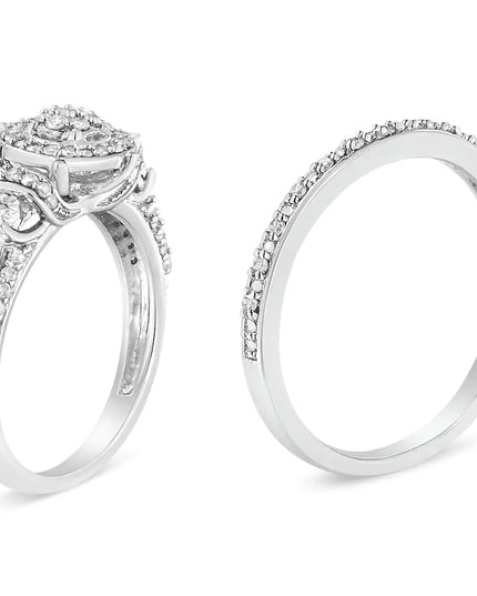 .925 Sterling Silver 1/3 Cttw Diamond 7 Stone Cluster and Halo Engagement Ring and Wedding Band Set (I-J Color, I1-I2 Clarity)