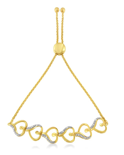 10K Yellow Gold over .925 Sterling Silver Diamond Accented Open Hearts 6”-9” Adjustable Chain Bolo Bracelet (H-I Color, I2-I3 Clarity)