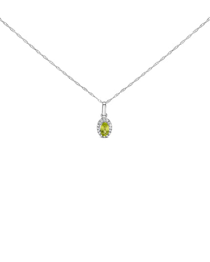 10K White Gold 5x3mm Gemstone and Diamond Accent Halo Oval Shape 18" Pendant Necklace (I-J Color, I1-I2 Clarity)