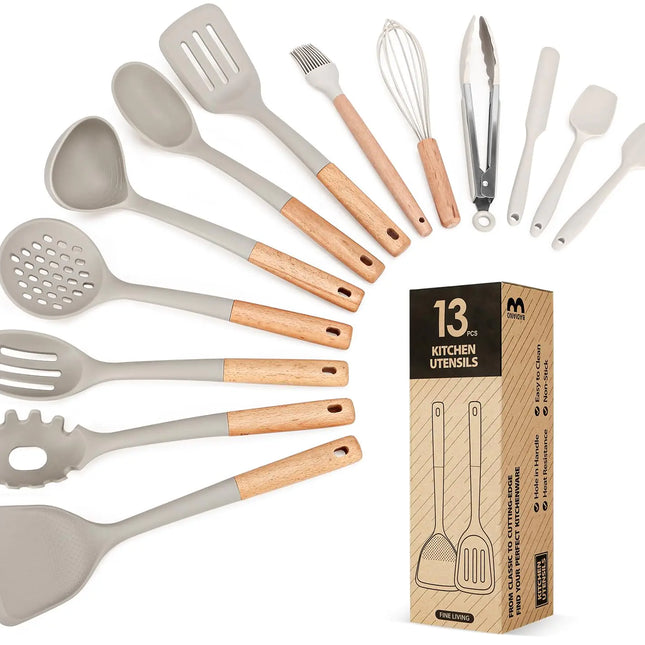 Silicone Kitchen Utensil Set, 13-Piece Heat-Resistant Cooking Tools with Wooden Handles for Nonstick Cookware
