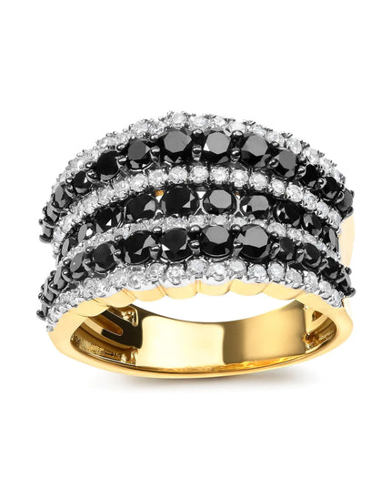 14K Yellow Gold Plated .925 Sterling Silver 1 3/4 Cttw Treated Black and White Alternating Diamond Multi Row Band Ring (Black / I-J Color, I2-I3 Clarity)