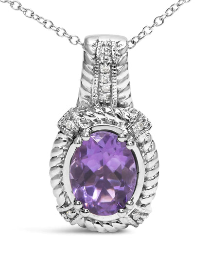 .925 Sterling Silver 9x7mm Oval Purple Amethyst and Round Diamond Accent Fashion Drop Pendant 18 Inch Necklace (I-J Color, I1-I2 Clarity)