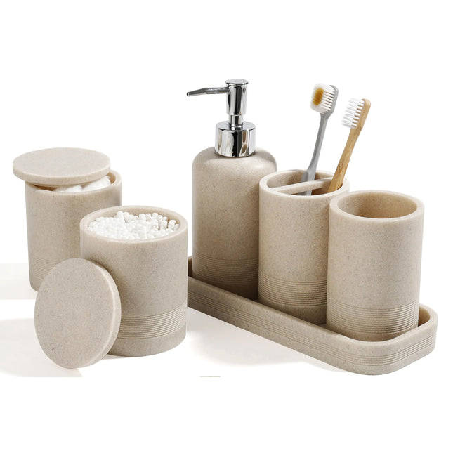Bathroom Accessories Set 6-Piece Bathroom Accessory Set Toothbrush Holders Set Soap Dispenser Vanity Tray Tumbler Cotton Swab Jars Bathroom Organizer for Modern Bathrooms(Beige)