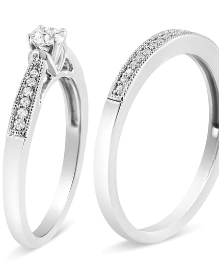 .925 Sterling Silver 1/3 Cttw Diamond Classic Engagement Ring Bridal Set with Milgrain (I-J Color, I3 Clarity)