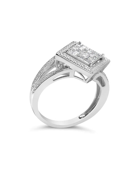 .925 Sterling Silver 1/3 Cttw Invisible Set Princess-Cut Diamond Rhombus and Beaded Halo Ring (H-I Color, SI1-SI2 Clarity)