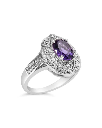 .925 Sterling Silver 9x7mm Oval Purple Amethyst and Round Diamond Accent Fashion Cocktail Ring (I-J Color, I1-I2 Clarity)