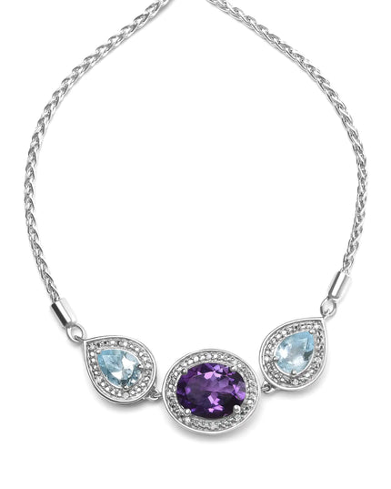.925 Sterling Silver Oval Amethyst and Pear Blue Topaz with Diamond Accent Lariat 4”-10” Adjustable Bolo Bracelet (H-I Color, SI1-SI2 Clarity)
