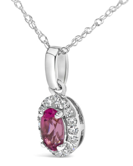 10K White Gold 5x3mm Gemstone and Diamond Accent Halo Oval Shape 18" Pendant Necklace (I-J Color, I1-I2 Clarity)